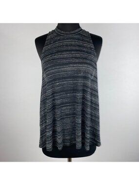 Express One Eleven Tank Top Womens L Striped Ribbed Mock Neck Keyhole Back Swing